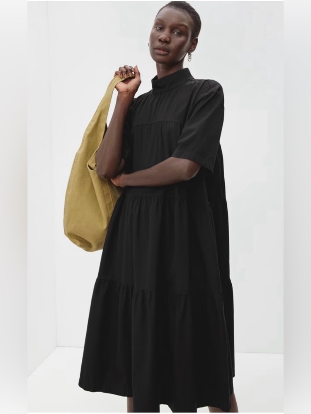 Everlane Black Tiered Midi Dress with Mock Neck
